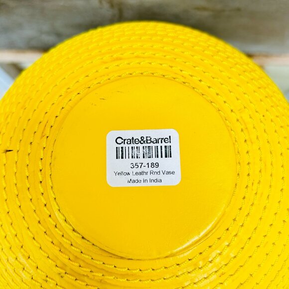 THREE Crate and Barrel Leather Spiral Wrapped Vase 6" Tall/ Wide Mustard Yellow - Picture 9 of 11